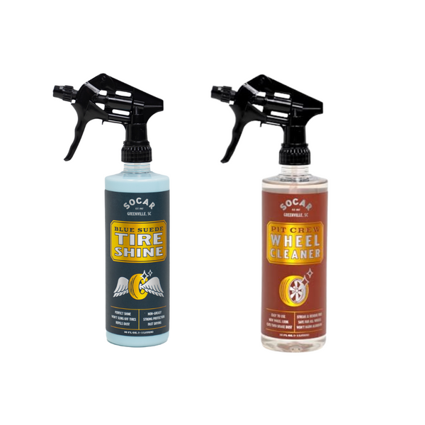 SOCAR CHEMICAL - CLEAN WHEEL COMBO - Blue Suede Tire Shine and Wheel Cleaner Set, Professional Wheel Care Kit with Spray Bottles